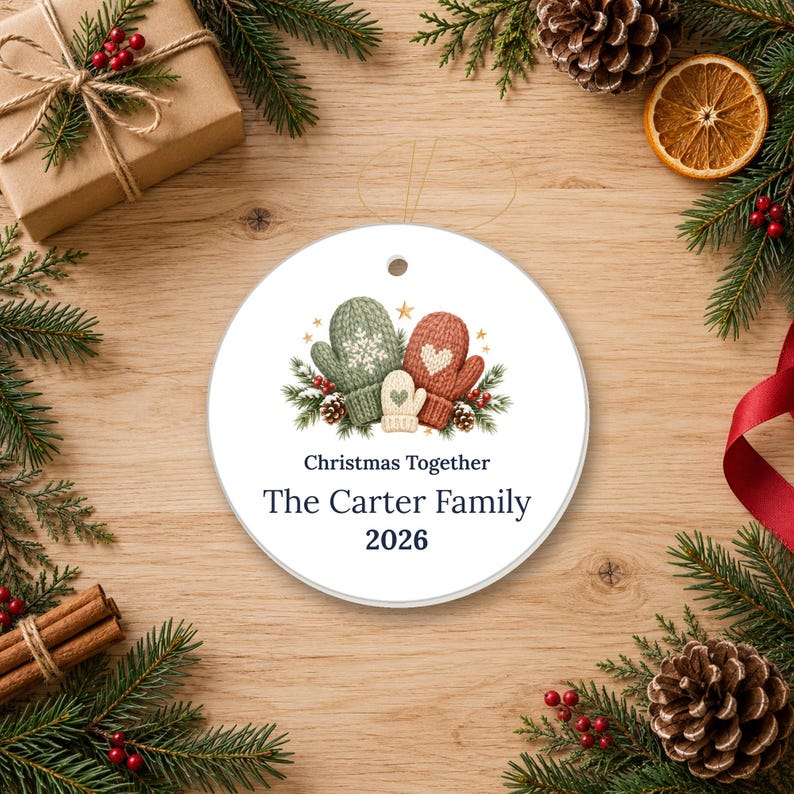 Personalized Ceramic Christmas Ornament, Family Name, Mittens, Pine, 2026 Keepsake image 3