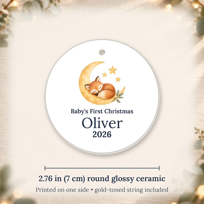 Personalized Baby's First Christmas Ornament 2026, Ceramic Moon Fox Keepsake image 6