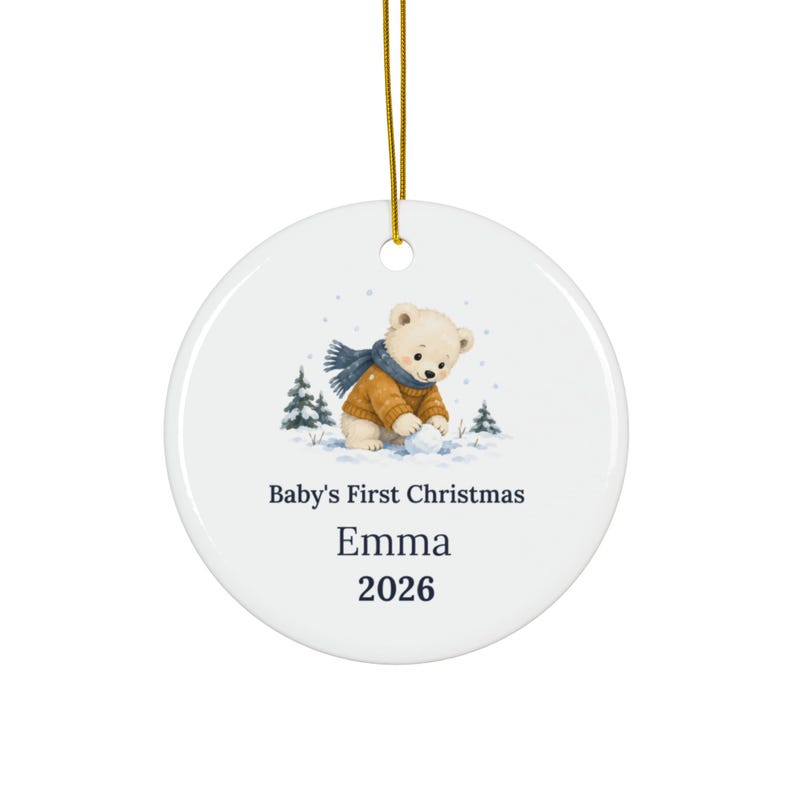 Personalized Baby's First Christmas Ornament 2026, Ceramic Bear Keepsake (Name) image 2