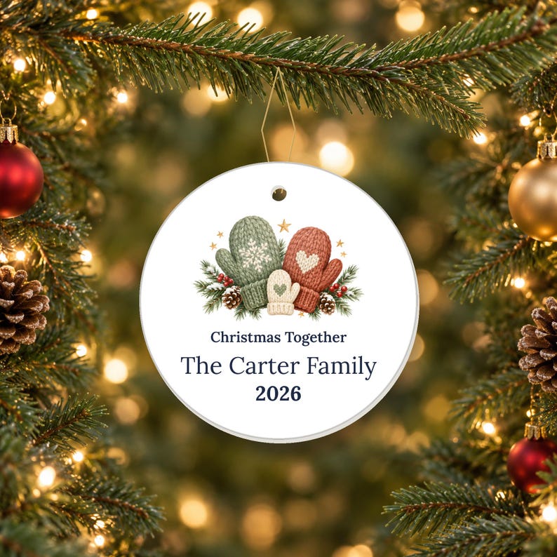 Personalized Ceramic Christmas Ornament, Family Name, Mittens, Pine, 2026 Keepsake image 1