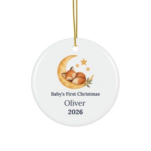 Personalized Baby's First Christmas Ornament 2026, Ceramic Moon Fox Keepsake image 2