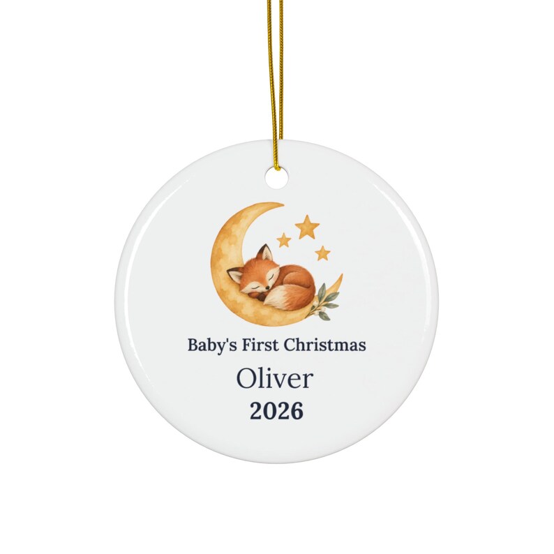 Personalized Baby's First Christmas Ornament 2026, Ceramic Moon Fox Keepsake image 2