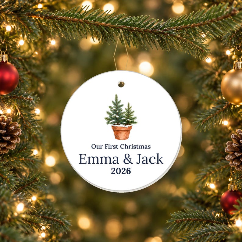 Personalized Ceramic Ornament, Our First Christmas 2026, Couple Names, Newlywed Gift image 1