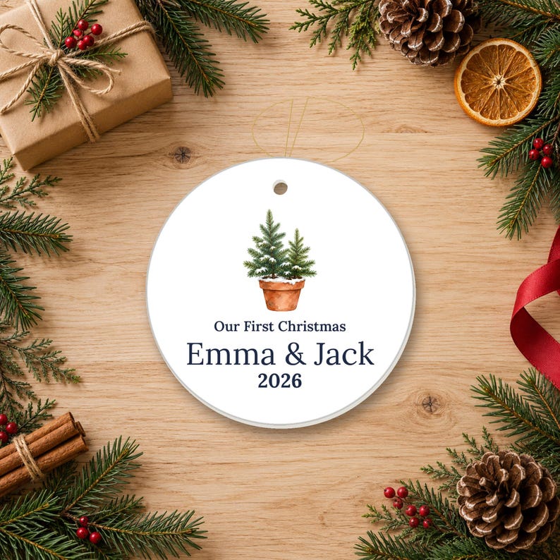 Personalized Ceramic Ornament, Our First Christmas 2026, Couple Names, Newlywed Gift image 3