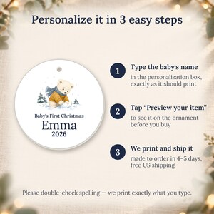 Personalized Baby's First Christmas Ornament 2026, Ceramic Bear Keepsake (Name) image 4