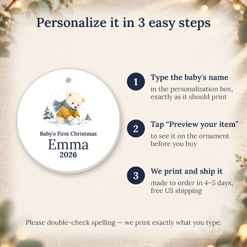 Personalized Baby's First Christmas Ornament 2026, Ceramic Bear Keepsake (Name) image 4