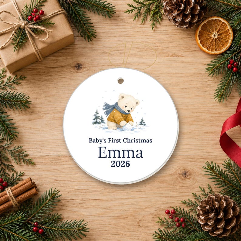 Personalized Baby's First Christmas Ornament 2026, Ceramic Bear Keepsake (Name) image 3