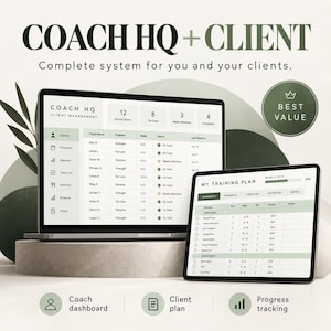 Könnte beinhalten: Ein Laptop und ein Tablet zeigen ein digitales Kundenmanagementsystem mit dem Titel COACH HQ + CLIENT. Der Bildschirm zeigt ein Dashboard mit Kundenlisten, Status-Updates und einen Trainingsplan mit Übungsprotokollen und Fortschrittsdaten.