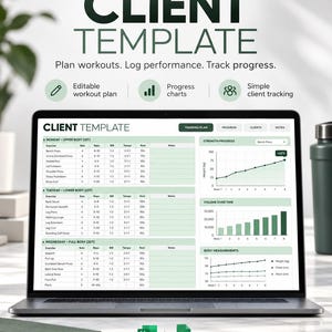 May include: A digital fitness spreadsheet template displayed on a laptop screen, featuring sections for workout plans, exercise logs, strength progress graphs, volume over time charts, and body measurements, compatible with Excel and Google Sheets.