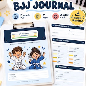 May include: A printable Kids BJJ Journal featuring a cover with two cartoon children in white and blue martial arts uniforms. The journal includes pages for tracking training, belt progress, and personal goals, with text labels like Meet the Grappler.