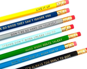 Motivational Tidbits Pencil Set — 7 Engraved Pencils, Live it Up, Hard Work Beats Talent, Motivational Gift, Too Early to Quit