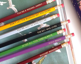 Set of 7 Harry Potter Pencils — Imprinted Pencils, Engraved Pencils, Mischief Managed, Accio Brain, The Boy Who Lived, You're a Wizard Harry