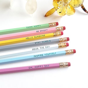 Sweet Sentiments Pencils Set of 7 Pencils Hello Sunshine, Be Bright, Seize the Day, Inspirational Gift, Stationery Gift, Gifts Under 15 image 1