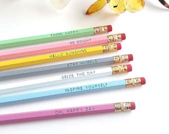 Sweet Sentiments Pencils — Set of 7 Pencils — Hello Sunshine, Be Bright, Seize the Day, Inspirational Gift, Stationery Gift, Gifts Under 15