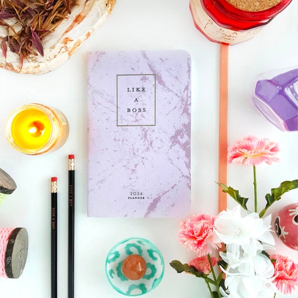 2024 Planner // Undated Planner — Like a Boss // Shimmering Purple and Marble Agenda (Soft Cover) — 5" x 8"