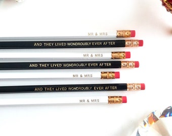 Mr & Mrs Pencil Set — 7 Engraved Pencils — Black and White, And They Lived Wondrously Ever After, Wedding Gift, Marriage, Wedding Favors