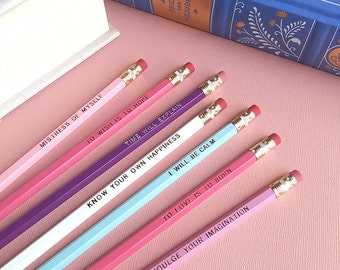 Jane Austen Pencil Set — 7 Pretty Pencils, Engraved Pencils, To Love is to Burn, To Wish is to Hope, Time Will Explain, I Will Be Calm