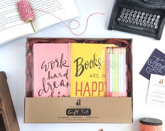 Book Lovers Gift Set — 2024 Planner, Journal, Pencil Set — Work Hard Dream Big, Books are My Happy Place, I Heart Books