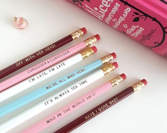 Set of 7 Alice in Wonderland Pencils — Imprinted Pencils, Engraved Pencils, Off with her head!, Curiouser and Curiouser, Lewis Carroll