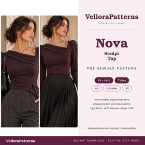 May include: VelloraPatterns Nova Sculpt Top PDF sewing pattern. The design features an asymmetric square neckline, a draped band, princess seams, hip pleats, puff sleeves, and deep cuffs. Includes sizes XS to XXXL in A4, US Letter, and A0 formats.