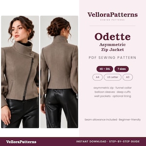 May include: A PDF sewing pattern for the Odette Asymmetric Zip Jacket by VelloraPatterns. The jacket features a funnel collar, asymmetric zipper, balloon sleeves, deep cuffs, and welt pockets. Includes sizes XS-3XL for A4, US Letter, and A0.