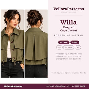 Könnte beinhalten: Ein PDF-Schnittmuster für die Willa Cropped Cape Jacket von VelloraPatterns. Das Design zeigt eine olivgrüne Jacke mit Hemdkragen, fünf Knöpfen, Schultercape und Kordelzug am Saum. Enthält die Größen XS bis XXXL in den Formaten A4, US Letter und A0.