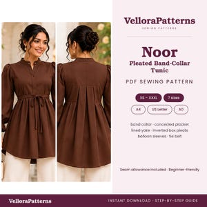 Noor Plisserad Tunika Symönster PDF | XS-xXXL | Damtunika Mönster | Topp med ballongärm | Plisserad Blus | A4 US Letter A0