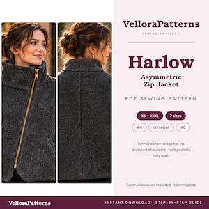 May include: VelloraPatterns Harlow Asymmetric Zip Jacket PDF sewing pattern. Features a dark gray textured fabric, funnel collar, diagonal gold zipper, dropped shoulders, and welt pockets. Includes sizes XS to XXXL in A4, US Letter, and A0 formats.