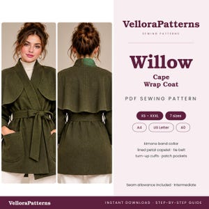 May include: A PDF sewing pattern for the Willow Cape Wrap Coat by VelloraPatterns. The design features a kimono band collar, lined petal capelet, tie belt, turn-up cuffs, and patch pockets. Includes sizes XS to XXXL for A4, US Letter, and A0.