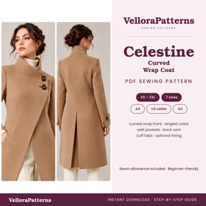 May include: A PDF sewing pattern for the Celestine Curved Wrap Coat by VelloraPatterns. The design features a curved wrap front, angled collar, welt pockets, back vent, and cuff tabs. Includes sizes XS to 3XL for A4, US Letter, and A0 formats.