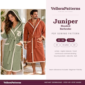 May include: A PDF sewing pattern for the Juniper hooded bathrobe by VelloraPatterns. The design features raglan sleeves, a hood, continuous contrast binding, bound pockets, side slits, and a belt. Includes sizes XS-3XL in A4, US Letter, and A0 formats.