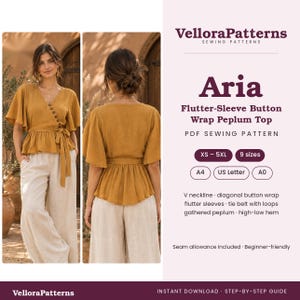 May include: A mustard yellow flutter-sleeve button wrap peplum top PDF sewing pattern by VelloraPatterns. Features include a V-neckline, diagonal button wrap, flutter sleeves, tie belt with loops, gathered peplum, and a high-low hem.