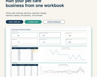 Spreadsheet voor huisdierenoppasbedrijf, boekings-, betalings- en onkostenregistratie voor hondenuitlaatservice, Excel-sjabloon