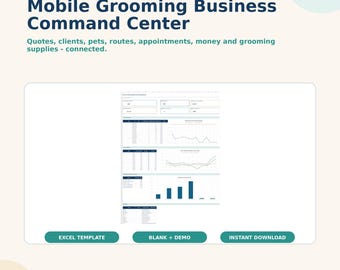 Sjabloon voor een hondentrimsalon: Klantenbeheer, afspraken, routes, betalingen en voorraadbeheer voor mobiele trimmers, inclusief Excel-spreadsheet.