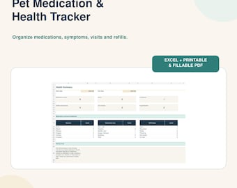 Pode incluir: Um modelo digital de rastreamento de saúde e medicação para animais de estimação com um painel de resumo incluindo contagens de medicamentos, sintomas e consultas. O layout apresenta tabelas para resultados, áreas de observação e status de reposição em Excel e PDF.