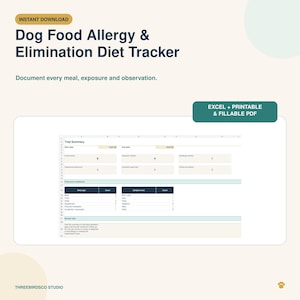 Puede incluir: Un rastreador digital de alergias alimentarias y dietas de eliminación para perros con una tabla de resumen, desglose de entradas de alimentos y notas. La descarga incluye un archivo Excel, un PDF imprimible y un PDF rellenable.