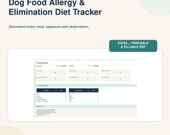 Pode incluir: Um rastreador digital de alergias alimentares e dietas de eliminação para cães, com tabela de resumo, detalhamento de entradas de alimentos e notas. O download inclui um arquivo Excel, um PDF imprimível e um PDF preenchível.