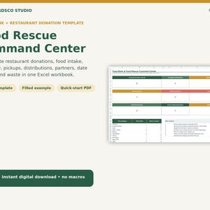 May include: A digital Food Rescue Command Center Excel template for food banks and restaurants. The interface features a dashboard with color-coded sections for donation records, distributions, and inventory, plus a workflow checklist.