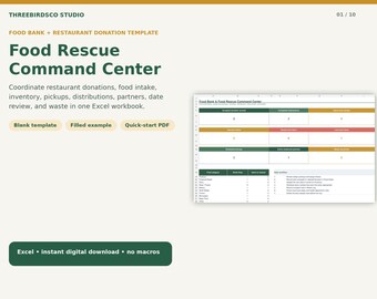 May include: A digital Food Rescue Command Center Excel template for food banks and restaurants. The interface features a dashboard with color-coded sections for donation records, distributions, and inventory, plus a workflow checklist.