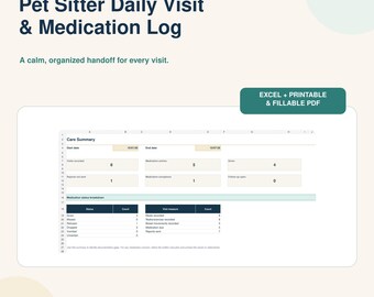 Logboek voor dagelijkse bezoeken en medicatie van de huisdierenoppas: Hondenuitlaatservice-tracker, Excel + invulbaar PDF-bestand