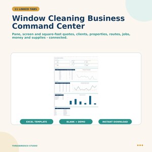 Może przedstawiać: Cyfrowy szablon arkusza kalkulacyjnego zatytułowany Window Cleaning Business Command Center z 11 połączonymi kartami. Interfejs wyświetla tabele danych, wykresy liniowe i słupkowe do śledzenia wycen, klientów, zleceń i finansów. Zawiera przyciski Excel template, blank, demo oraz instant download.