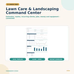 Puede incluir: Una plantilla de hoja de cálculo digital Lawn Care & Landscaping Command Center con 11 pestañas vinculadas. La interfaz muestra tablas de datos, gráficos de líneas y barras para realizar el seguimiento de presupuestos, rutas, clientes y dinero.