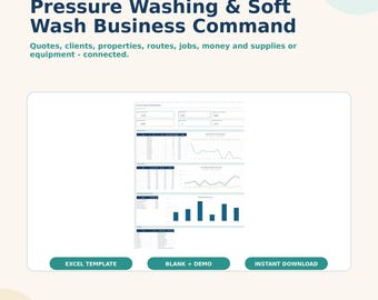 Excel-sjabloon voor een commandocentrum voor hogedruk- en softwashdiensten: offertes, opdrachten, routes, betalingen en onkosten.