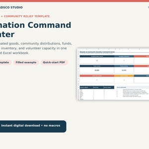 May include: A digital Disaster + Community Relief Template titled Donation Command Center. The layout includes sections for tracking goods, funds, and inventory, with buttons for a blank template, filled example, and a quick-start PDF guide.