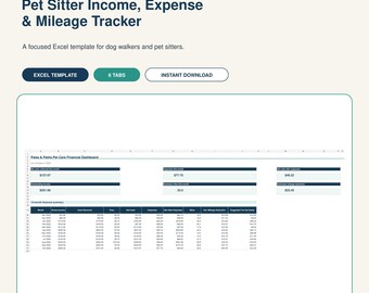 Pode incluir: Um modelo digital de Excel para rastreamento de renda, despesas e quilometragem para cuidadores de animais. A interface exibe um painel financeiro Paws & Paths com resumos mensais, renda líquida, despesas e dados de quilometragem em tabela.