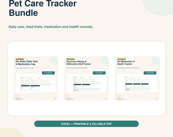 Pakket voor het bijhouden van huisdierverzorging: logboeken voor medicatie, voedselallergieën en huisdieroppassers, Excel + invulbaar PDF-bestand