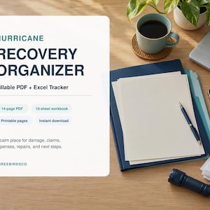 May include: A white digital document titled Hurricane Recovery Organizer with dark blue text. It lists features including Fillable PDF, Excel Tracker, 14-page PDF, 10-sheet workbook, printable pages, instant download, and ThreebirdsCo.