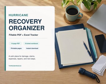 May include: A white digital document titled Hurricane Recovery Organizer with dark blue text. It lists features including Fillable PDF, Excel Tracker, 14-page PDF, 10-sheet workbook, printable pages, instant download, and ThreebirdsCo.