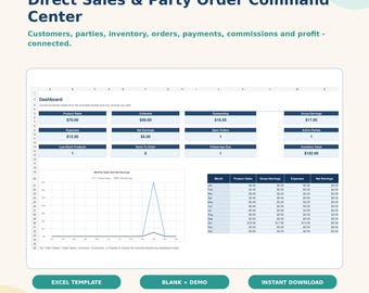 Direct Sales Party Order Tracker Spreadsheet, Customer Inventory Payment Delivery & Commission Planner
