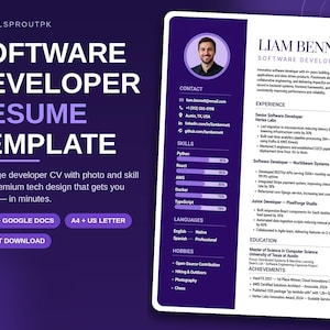 Software Developer Resume Template | CV Template for IT & Programmers | Editable Word  Google Docs | Resume with Photo | Instant Download
